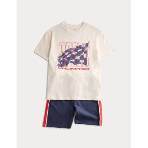 Marks & Spencer Къса пижама с графика Racing и висок дял памук (1-16 години) Marks & Spencer морска синя Marks & Spencer | Sin | Момчешки | 7-8 години