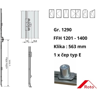 Roto převodová lišta NT konstantní D15 1290 / 1201-1400 x 563 mm počet čepů / 1 / E 259840