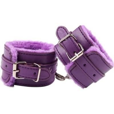 LateToBed Кожени белезници с пух "ruffy wrist purple