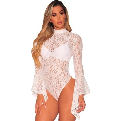 Dámské Body White Sheer Floral Lace Long Bell Sleeve Bodysuit