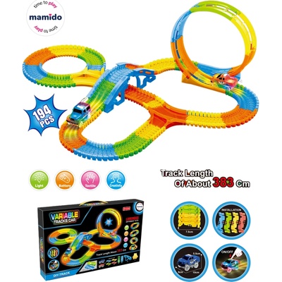 Mamido Svítící autodráha Variable 194 dílů 383 cm LED autíčko