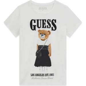 GUESS Бяла тениска за момиче с голямо цветно мече отпред и черен надпис Guess