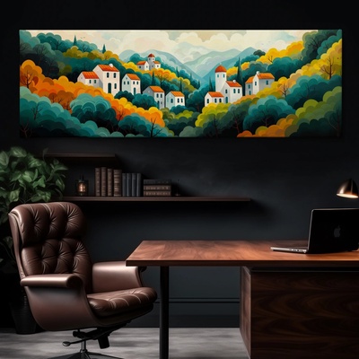 Obraz na plátně - Lesní údolí s vískou Alambra FeelHappy.cz Rozměr obrazu (Šířka x Výška): 180 x 60 cm
