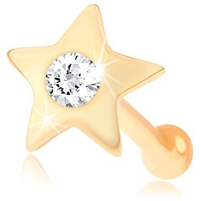 Šperky eshop rovný piercing do nosu ze žlutého zlata malá lesklá hvězdička se zirkonem GG96.01