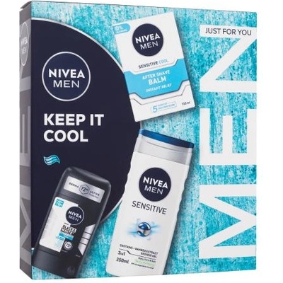 Nivea Men Keep It Cool подаръчен комплект: антиперспирант Invisible Black & White Fresh 50 ml + балсам за след бръснене Men Sensitive Cool 100 ml + душ гел Men Sensitive 250 ml за мъже