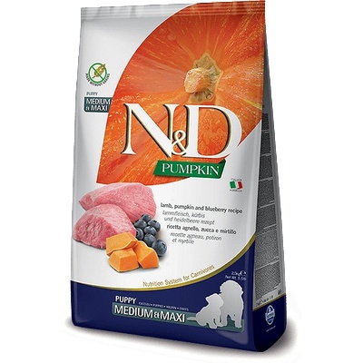Farmina N&D Pumpkin Lamb & Blueberry Puppy/Junior Medium&Maxi - суха храна без зърнени култури за подрастващи кученца от средни и едри породи с агнешко, тиква и боровинки - 12кг