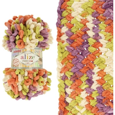 Alize Puffy Fine Color 6519 béžová s olivovou, fialovou a oranžovou