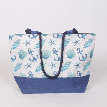Image 1 of Плажна чанта в бяло и синьо с котви и миди