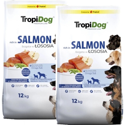 TropiDog Premium Adult Medium & Large losos s rýží 2 x 12 kg
