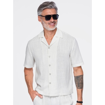 Ombre Clothing Мъжка райета риза regular кройка от вискоза и лен с кубински яка - слонова кост V1 OM-SHSS-0222 Ombre Clothing Ombre Clothing | Byal | МЪЖЕ | M