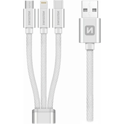 Swissten kabel Textile 3in1 mFi 1,2 m, stříbrná