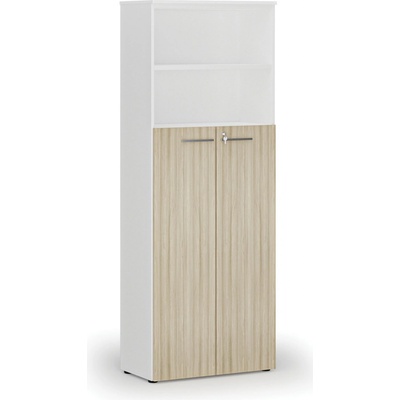 Primo Kombinovaná kancelářská skříň WHITE, dveře na 4 patra, 2128 x 800 x 420 mm, bílá/dub přírodní