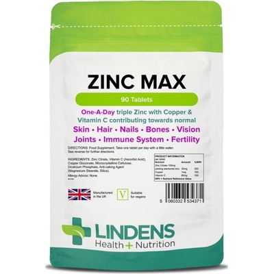 Lindens Health + Nutrition Zinek Max +Měď & Vitamín C 90 tablet