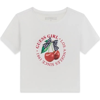 GUESS Бяла тениска за момиче с черешки и червени надписи Guess