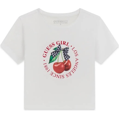GUESS Бяла тениска за момиче с черешки и червени надписи Guess
