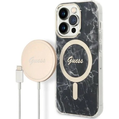 GUESS Комплект безжично зарядно устройство и кейс Guess GUBPP14LHMEACSK за iPhone 14 Pro 6.1"", черен / черен, твърд, съвместим с MagSafe, Marble (GUE002570-0)