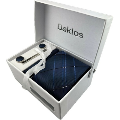 Daklos Luxusní set tmavě modrý moderní vzor Kravata kapesníček do saka manžetové knoflíčky kravatová spona v dárkovém balení