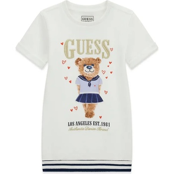 Guess Памучна спортна рокля за мини момиче в бяло с цветно мече и златист бродиран надпис Guess