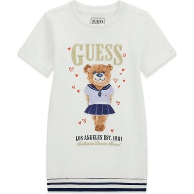 Guess Памучна спортна рокля за мини момиче в бяло с цветно мече и златист бродиран надпис Guess