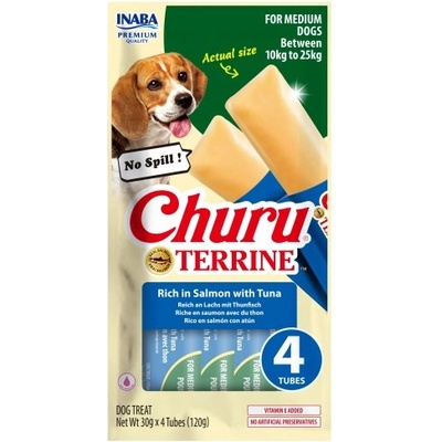 Inaba Foods Dog Churu Terrine - Лакомство за кучета, фин крем със Сьомга и Риба тон, 4 броя х 30 грама, Япония EUD538