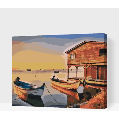 Vymalujsisam.cz Malování podle čísel Loďky a dřevěná chatrč Velikost 30 x 40 cm Rámování Na kartonové desce