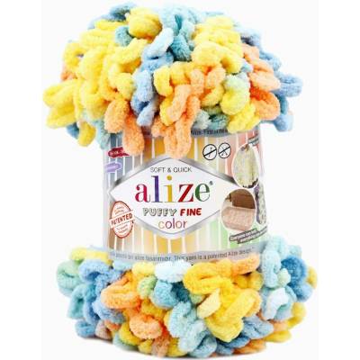 Alize Puffy fine color 6314 modrá, žlutá, lososová