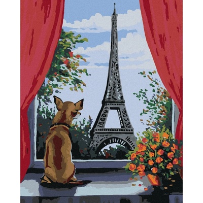 zuty Malování podle čísel Pejsek v okně a výhled na Eiffelovku 80 x 100 cm vypnuté plátno na rám 8596530016595