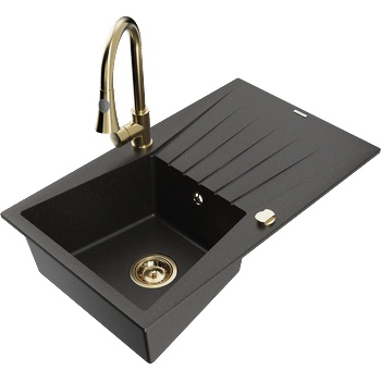 Mexen Cesar мивка от гранит с 1 отделение и отцедливник и кухненски смесител Elia, черен/златен металик - 6514-75-670101-50 (6514-75-670101-50)