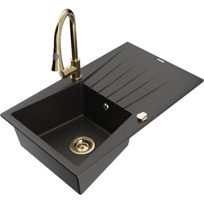 Mexen Cesar мивка от гранит с 1 отделение и отцедливник и кухненски смесител Elia, черен/златен металик - 6514-75-670101-50 (6514-75-670101-50)