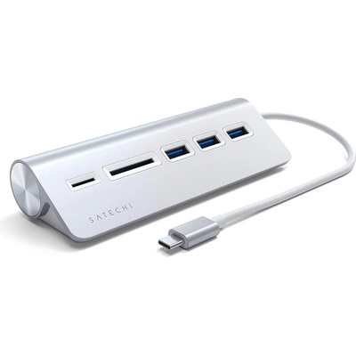 Satechi Aluminum USB-C 3.0 Hub & Card Reader - алуминиев 3-портов USB 3.0 хъб с четец за карти за компютри и лаптопи (сребрист)