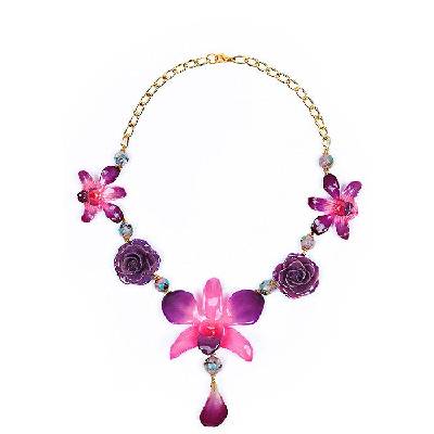 Колие с естествени орхидеи и рози, мъниста клоазоне My Happy Purple Garden Dannyra Jewels