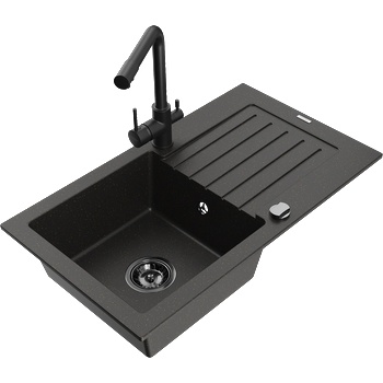 Mexen Pablo гранитна мивка с 1 камера, отцедник и кухненски смесител Duero, черно/златен металик - 6510-75-671600-70-B (6510-75-671600-70-B)