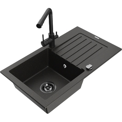 Mexen Pablo гранитна мивка с 1 камера, отцедник и кухненски смесител Duero, черно/златен металик - 6510-75-671600-70-B (6510-75-671600-70-B)