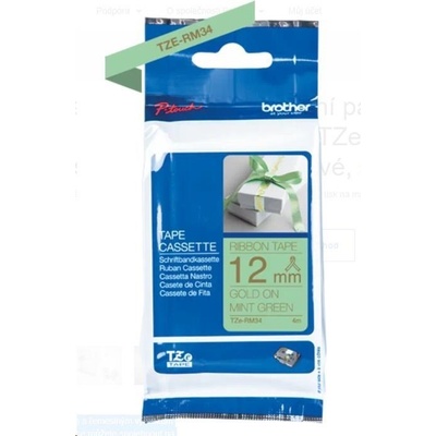 Brother TZE-RM34 zlatý tisk/zelený podklad 12 mm x 4 m originální páska