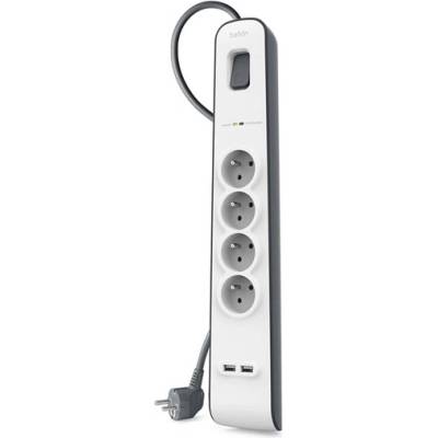 Belkin surge plus мрежов разклонител с 4 ac + 2 usb гнезда, 2, 4 a, защита от пренапрежение + захранващ кабел 200 см, БЯЛ bsv401ca2m (bsv401ca2m)