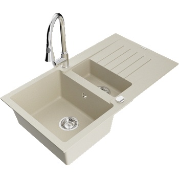 Mexen Matias гранитна мивка с 1, 5 камери с отцедник и кухненски смесител Elia, бял - 6502-69-670101-00 (6502-69-670101-00)