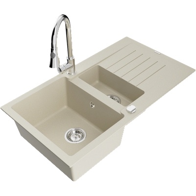 Mexen Matias гранитна мивка с 1, 5 камери с отцедник и кухненски смесител Elia, бял - 6502-69-670101-00 (6502-69-670101-00)