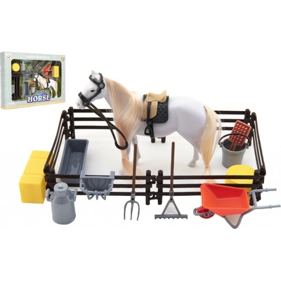 Teddies Kôň česacia biely plast s doplnkami a ohradou v krabici 34x25x5cm