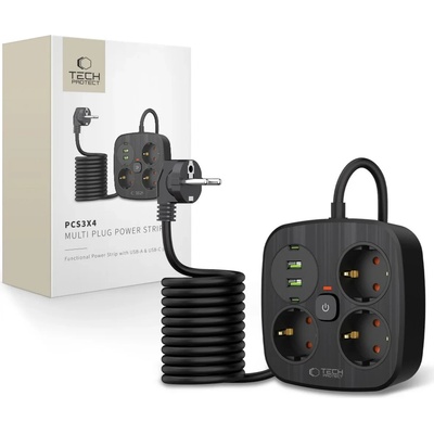 Tech-Protect PCS3X4 разклонител с 2x USB, 2x Type-C и 3 контакта, 200 см, черен (5906302363414)