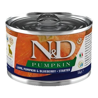 Farmina N& D Pumpkin Dog Lamb & Blueberry Starter Mini - Пълноценна консервирана храна за подрастващи кученца до възраст от 2 месеца от мини породи, с агнешко месо и боровинки, 140 гр