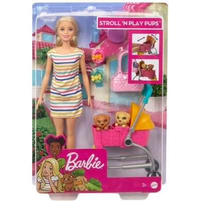Mattel Кукла Barbie - Комплект на разходка с 2 кученца, Barbie - Play Pups Doll, 1710236