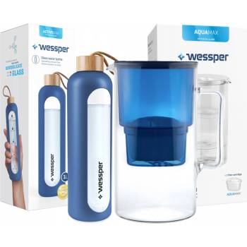 Wessper Set: AquaMax Crystalline 2,5 l sklenený džbán s filtrom + ActiveMax Crystalline 1 l sklenená motivačná fľaša so silikónovým obalom modrá