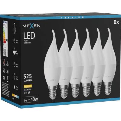 Mexen Nova 6x LED крушка пламък E14, C37, 5W, Топла - 3000K, 525 lm - L106-E14-0530-01x06 (L106-E14-0530-01x06)