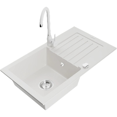 Mexen Pablo гранитна мивка с 1 отделение с отцедник и кухненски смесител Telma, бял - 6510-20-670200-20 (6510-20-670200-20)