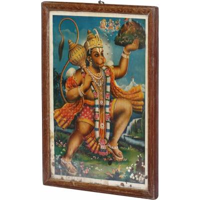 Sanu Babu Hanuman, starý obraz v teakovém rámu, 27x38cm
