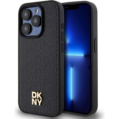 DKNY Repeat Pattern Stack Logo MagSafe Leather Hard Case - дизайнерски кожен кейс с MagSafe за iPhone 13 Pro (черен)