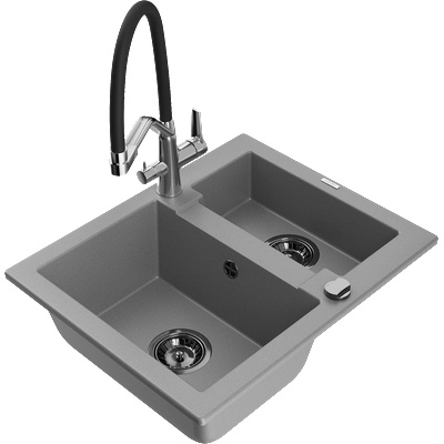 Mexen Carlos гранитна мивка 1, 5-камерна с кухненски смесител Duo, сива - 6518-71-671701-07-B (6518-71-671701-07-B)