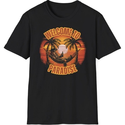 Plážové tričko s potiskem Welcome to Paradise Ráj na dosah! unisex Softstyle Black