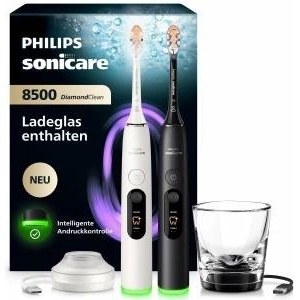 Philips Sonicare Next-Generation DiamondClean 8500 Electric Toothbrush - featuring smart pressure control and 18 settings, in Powder White & Black, 2-pack, HX8596/21