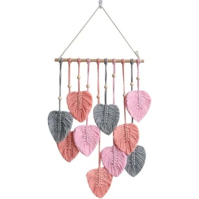 Lapač snov - Veľká, závesná macrame dekorácia Boho Listy - Ružovo sivá